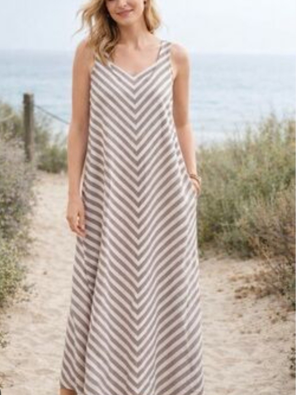 J. Jill Taupe and White Striped Maxi Sundress